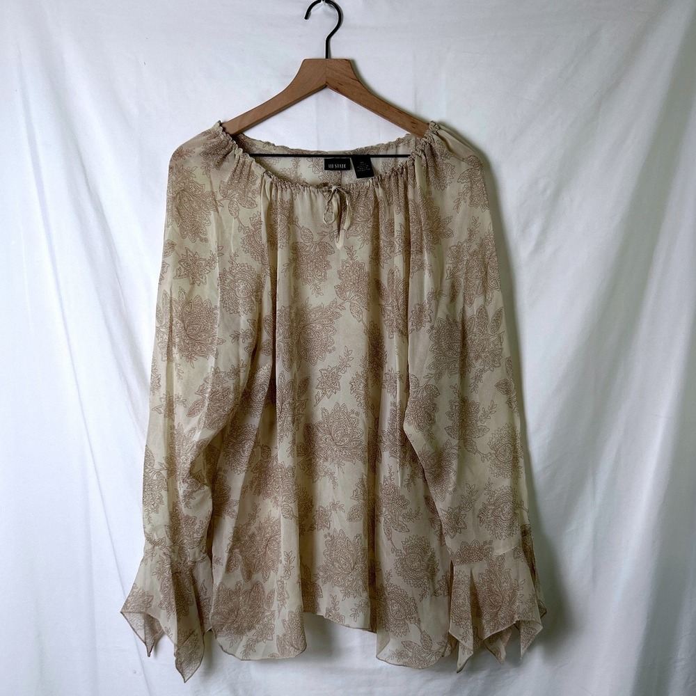 111 State Womens 100% Silk Sheer Floral Bell Sleeve Blouse Size 18W Tan Cream